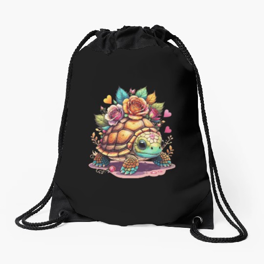 Sweet Turtle among the roses Drawstring Bags