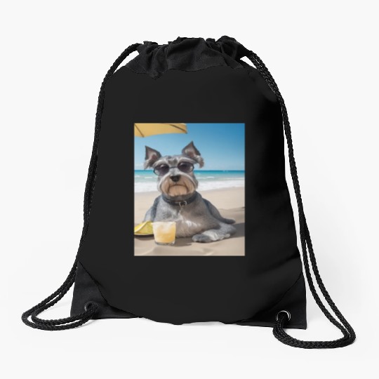 Schnauzer Chilling at Beach with a Drink Drawstring Bags