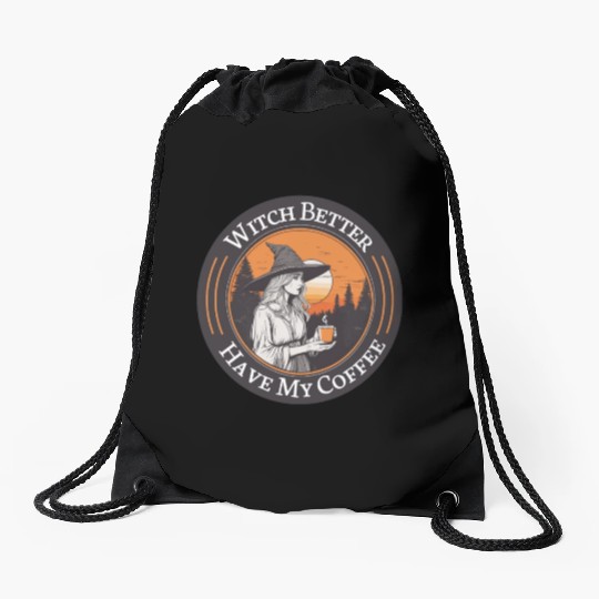 witch drink coffee in sunset Drawstring Bags
