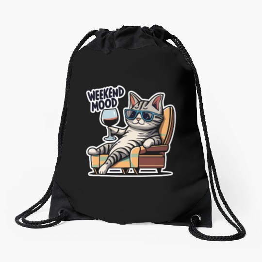Weekend Mood Cat Chill Drawstring Bags