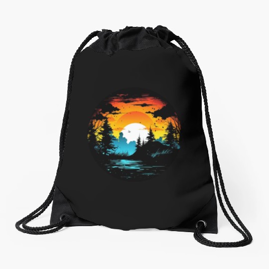 Riverside Twilight in the Forest Drawstring Bags