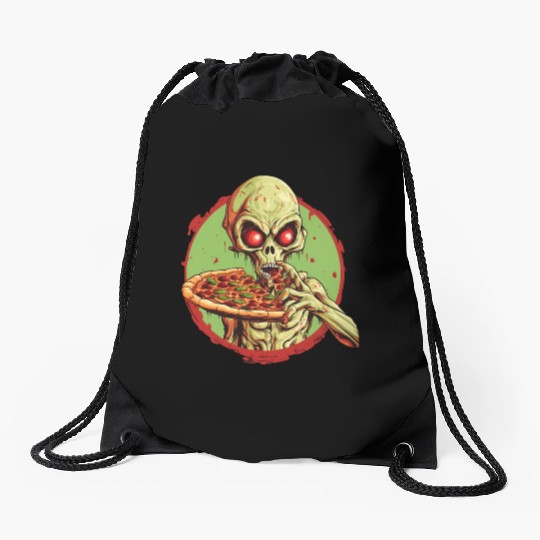 Green Alien with Pizza: Halloween Fast-Food Fun Drawstring Bags