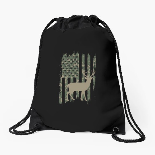 Camo American Flag Deer Drawstring Bags