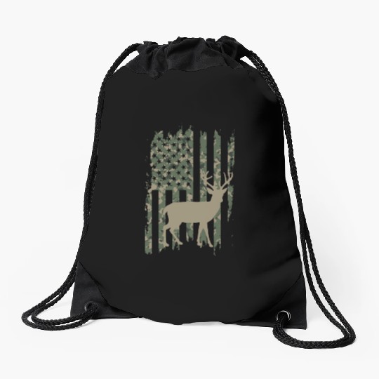 Camo American Flag Deer Drawstring Bags