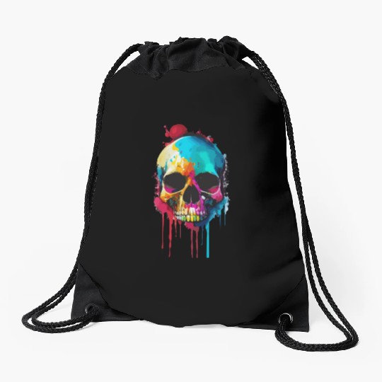 Psychedelic skull meltdown Drawstring Bags