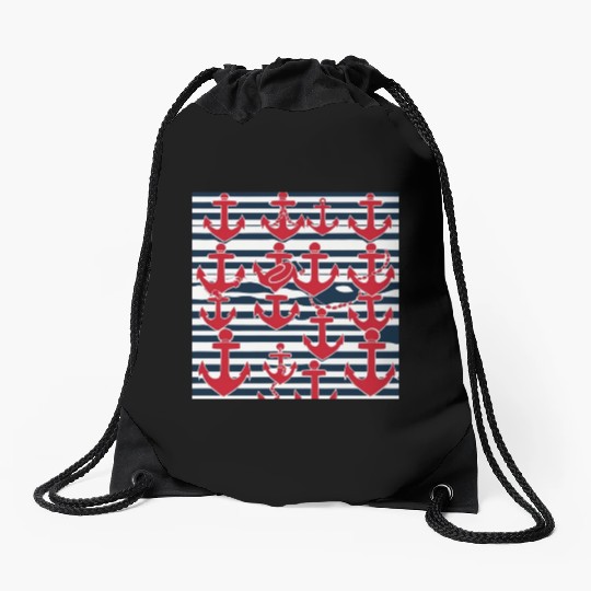 classic nautical horizontal white and navy blue Drawstring Bags