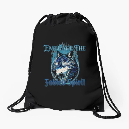 Embrace The Fabled Spirit Wolf Blue Drawstring Bags