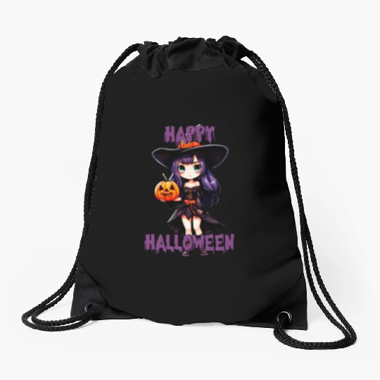 Happy Halloween purple witch Drawstring Bags