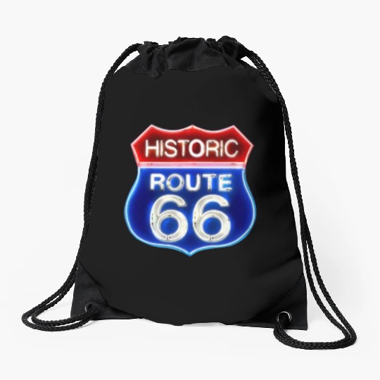 Route 66 neon sign Drawstring Bags