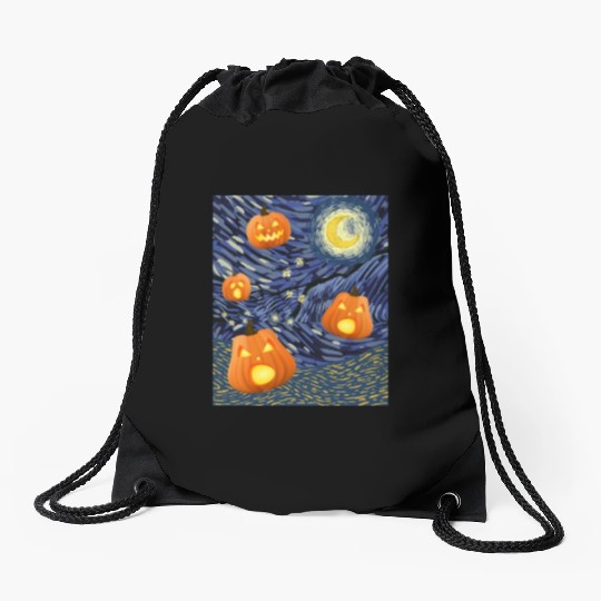 Starry Night with Pumpkins Funny Halloween Art Drawstring Bags