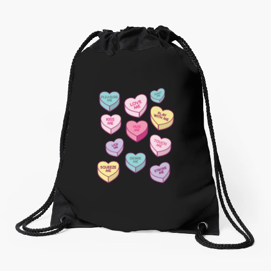 Love Me Kiss Me Pleasure Me Candy Hearts Drawstring Bags