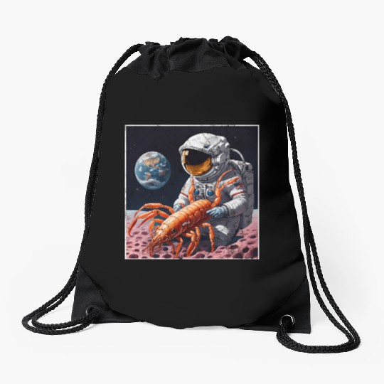 Astronaut in space with shrimp Drawstring Bags