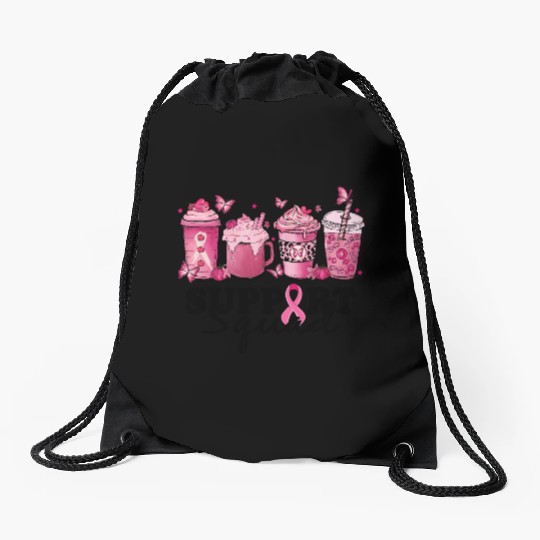 breast cancer coffee support squad Drawstring Bags
