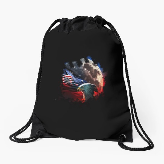 America eagle under Moon with American Flag Drawstring Bags