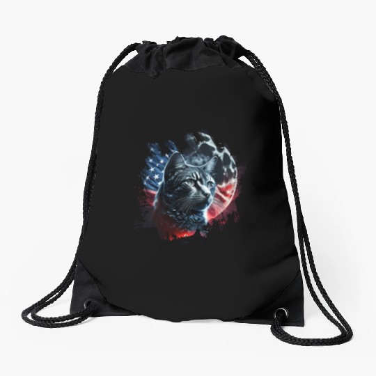 America cat under Moon with American Flag Drawstring Bags