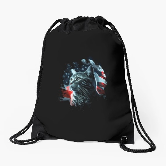 America cat under Moon with American Flag Drawstring Bags