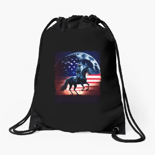America horse under Moon with American Flag Drawstring Bags