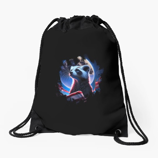 America ferret under Moon with American Flag Drawstring Bags