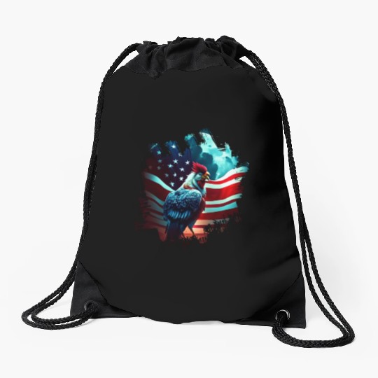America chicken under Moon with American Flag Drawstring Bags