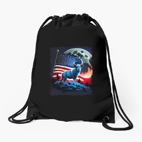 America sheep under Moon with American Flag Drawstring Bags