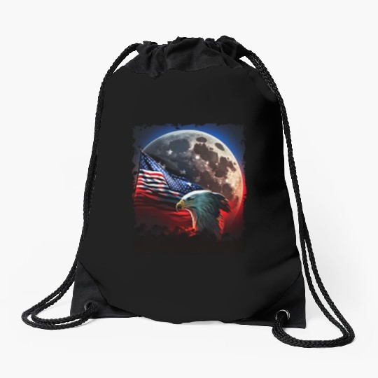 America eagle under Moon with American Flag Drawstring Bags