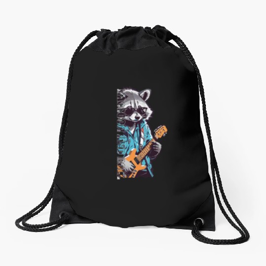 raccoon wearing glasses playing on guitar Drawstring Bags