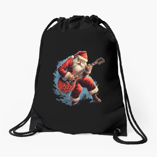 santas claus playing guitar Drawstring Bags