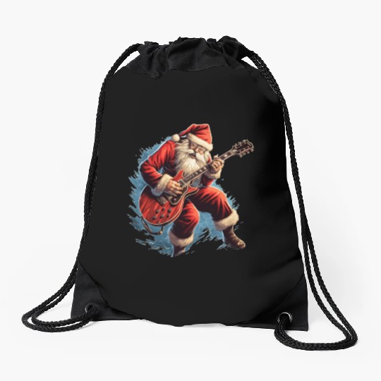 santas claus playing guitar Drawstring Bags