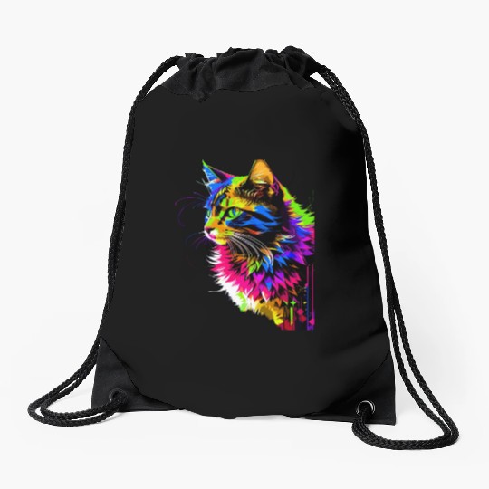 Rainbow Cat Realistic Watercolor Cute Cat Paint Drawstring Bags