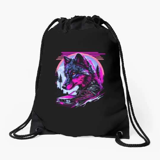 Retro Synthwave Gangster Wolf Drawstring Bags