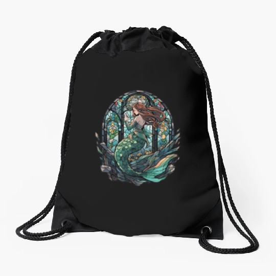 Stained Glass Mermaid Drawstring Bags