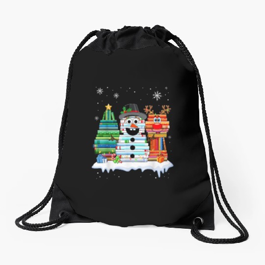 Christmas Tree Snowman Reindeer Book Stack Drawstring Bags