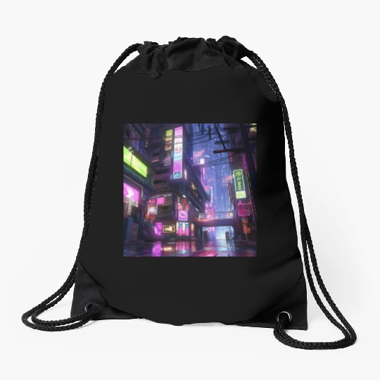Anime-Influenced Digital Art of Tokyo Street Scene Drawstring Bags