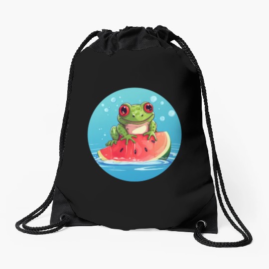 Frog on watermelon in the sea Drawstring Bags