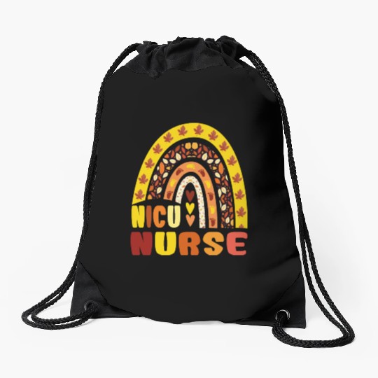 Rainbow Autumn NICU Nurse Maple Leaf Fall Vibes Drawstring Bags