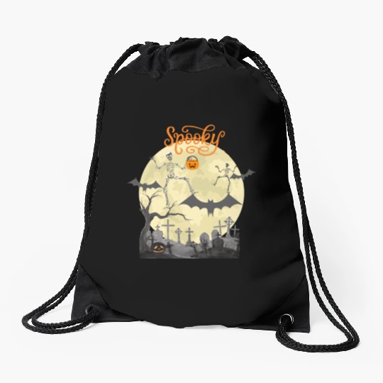 Spooky dancing skeletons bats moon and pumpkin Drawstring Bags