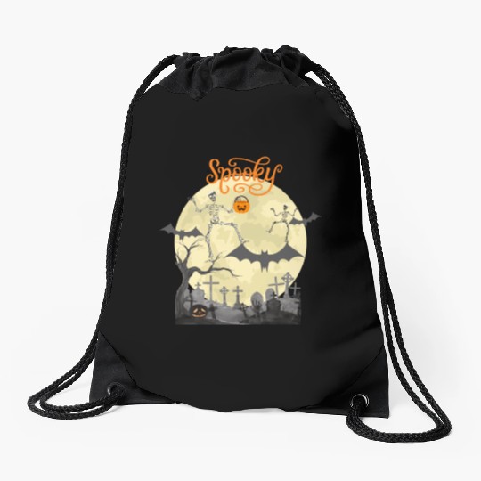 Spooky dancing skeletons bats moon and pumpkin Drawstring Bags