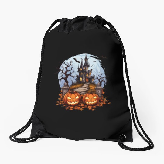 Spooky Haunted House Halloween Pumpkin Bat Drawstring Bags