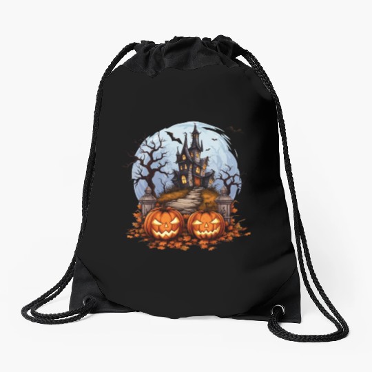 Spooky Haunted House Halloween Pumpkin Bat Drawstring Bags