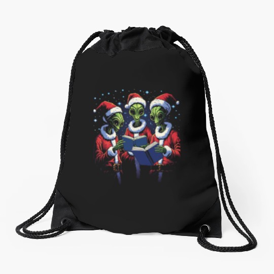Alien Christmas Carolers Drawstring Bags