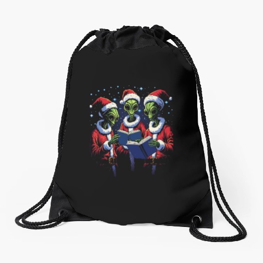 Alien Christmas Carolers Drawstring Bags