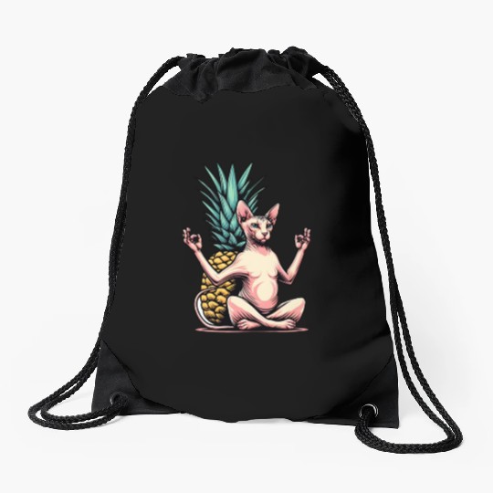 Meditating Sphynx cat with pineapple Drawstring Bags