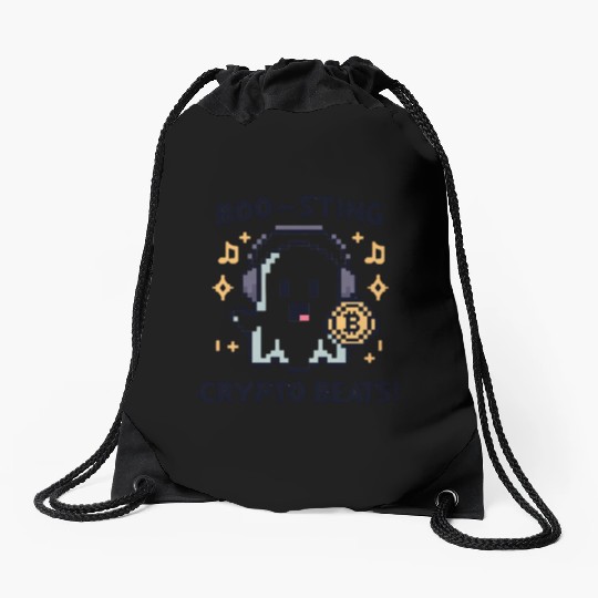 Quirky 8-Bit Ghost with Crypto Beats - Halloween Drawstring Bags