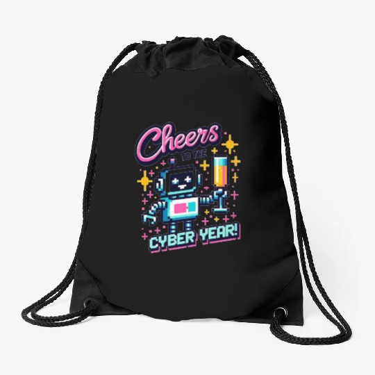 Retro Robot New Year's Toast - Cyber Champagne Fun Drawstring Bags