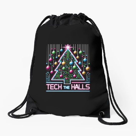 Tech the Halls - Christmas Tree in 8-bit Neon Drawstring Bags