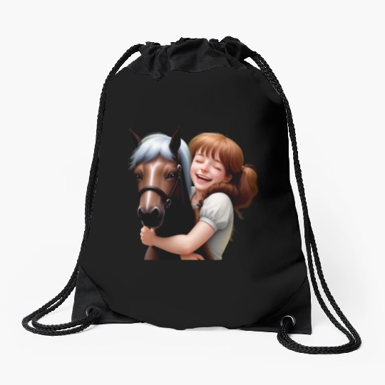 Little Girl Hugs Her Pony Drawstring Bags