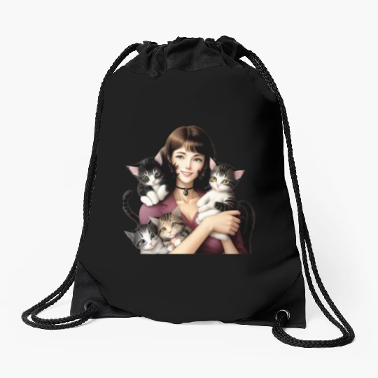 Pretty Cat Lady with Cute Kittens Drawstring Bags