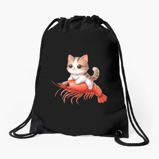 Cat rides on shrimp Drawstring Bags