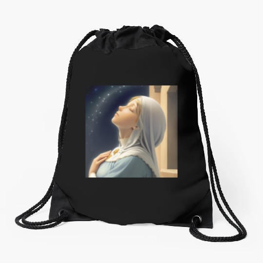 Virgin Mother Mary Praying on a Starry Night Drawstring Bags