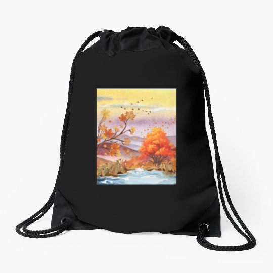 "Autumn Serenity by the Lake - Watercolor Swan" Drawstring Bags